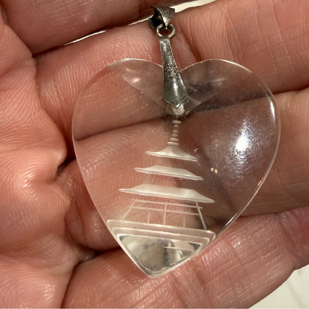 Vintage crystal heart pendant reversed carved with sterling silver bale